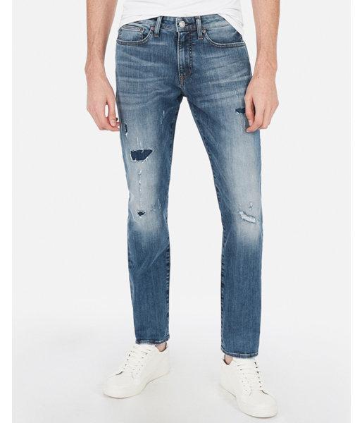 Express Mens Slim Hyper Stretch Distressed Medium Wash Jeans