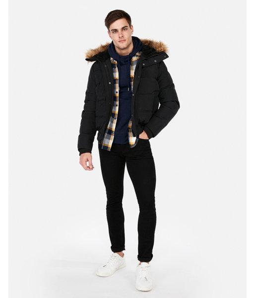 Express Mens Black Faux Fur Lined Hooded Bomber Jacket