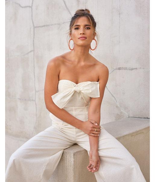 Express Womens Express Womens Rocky Barnes Linen-blend Strapless Tie Bow Culotte Jumpsuit