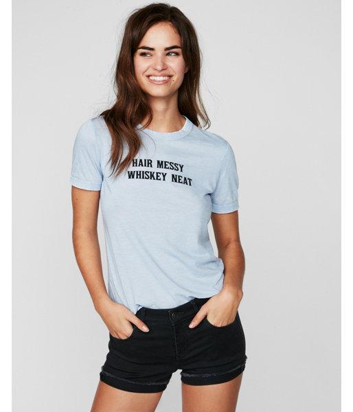 Express Womens Hair Messy Whiskey Neat Studded Graphic Tee