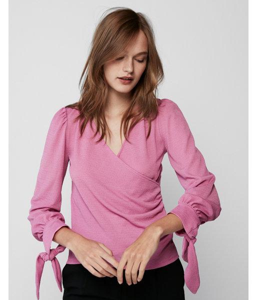 Express Womens Deep V-neck Surplice Tie Cuff Blouse