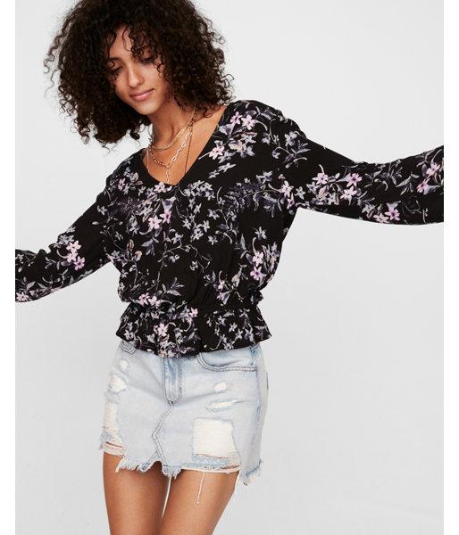 Express Womens Floral Smocked Hem Surplice Back Top