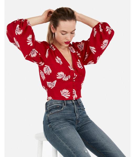 Express Womens Palm Print Deep V Cropped Button Front Top