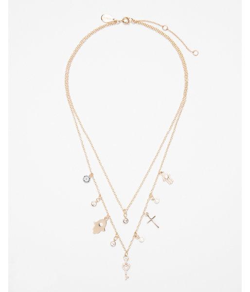 Express Womens Double Row Mixed Charm Bezel Necklace
