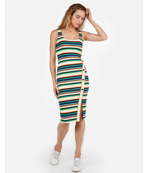 Express Womens Stripe Asymmetrical Button Front Midi Bodycon Dress