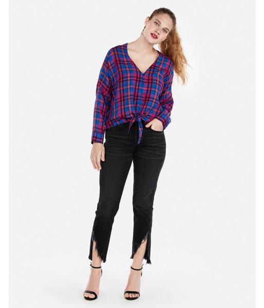 Express Womens Plaid Long Sleeve Tie Hem
