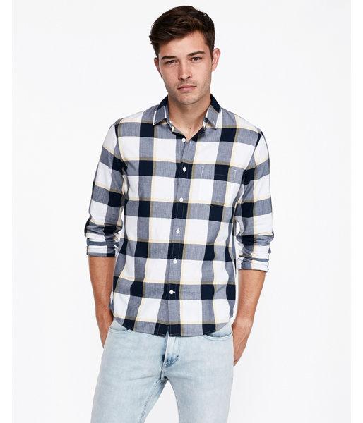 Express Mens Slim Large Plaid Soft Wash Button-down