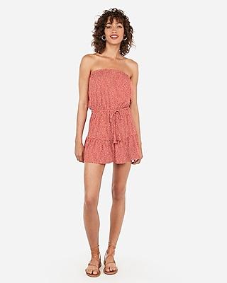 Express Womens Printed Strapless Flounce Hem Romper