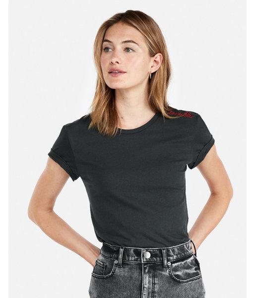 Express Womens Trouble Embroidery Easy Crew Neck Tee