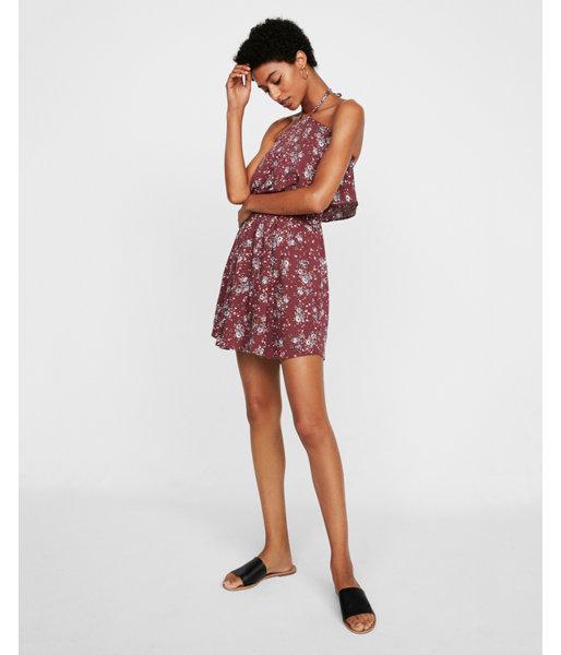 Express Womens Floral High Neck Elastic Waist Dress