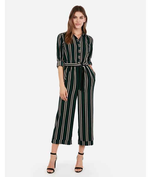 Express Womens Stripe Convertible Sleeve Cropped Jumpsuit
