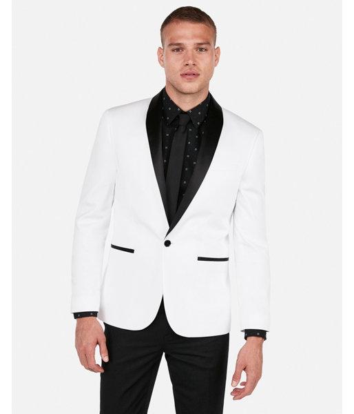 Express Mens Slim White & Black Satin Shawl Collar Tuxedo Jacket