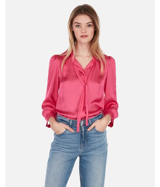 Express Womens Satin Tie Neck Button Front