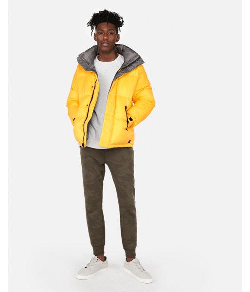 Express Mens Yellow Mock Neck Puffer Coat