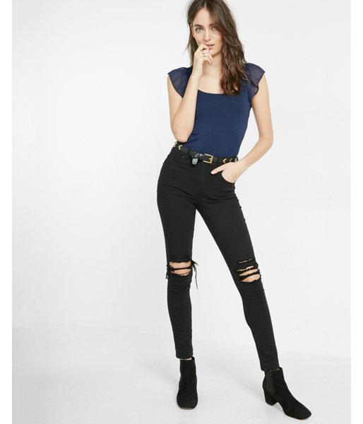 Express Smocked Ruffle Sleeve Fitted Tee