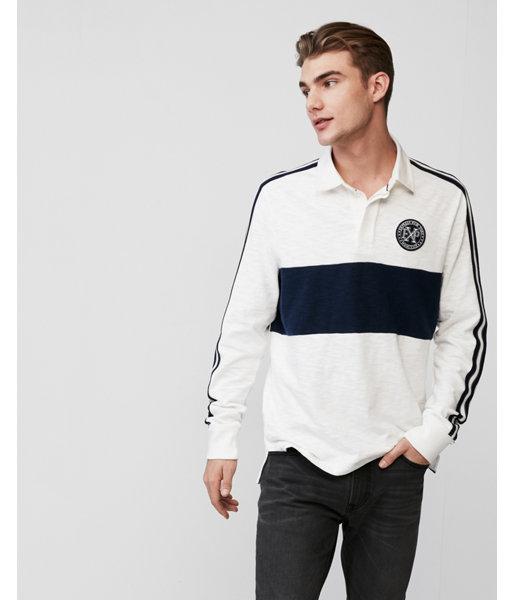 Express Mens Rugby Racer Stripe Sleeve Cotton Jersey Polo