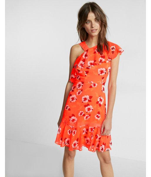 Express Petite Floral Print Asymmetrical Ruffle Dress