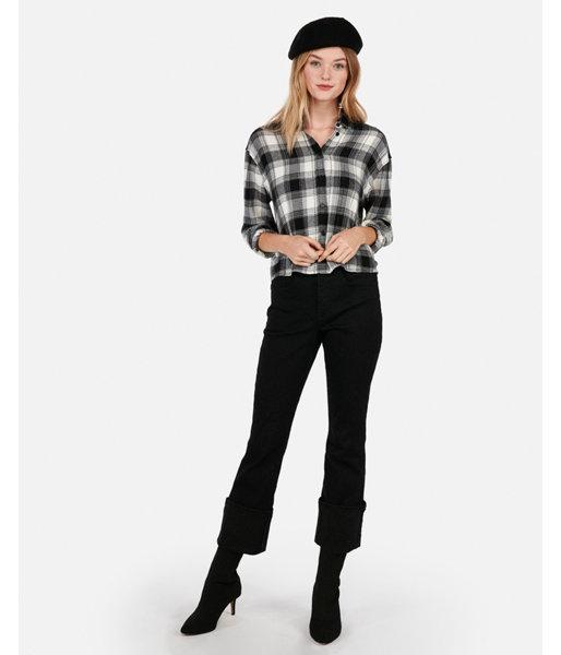 Express Womens Boxy Beaded Cropped Flannel