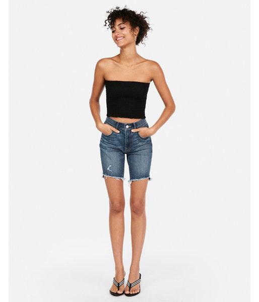 Express Womens High Waisted Destroyed Stretch Bermuda Denim