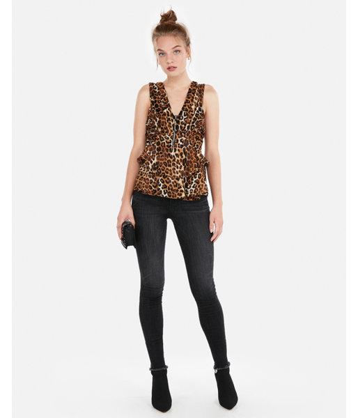 Express Womens Leopard Zip Front Ruched Peplum Tank