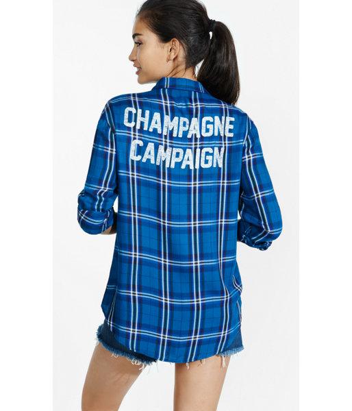 Express Women's Shirts Turquoise Plaid Champagne Graphic Oversized