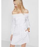 Express Womens Smocked Off The Shoulder Linen-cotton Tunic Dress