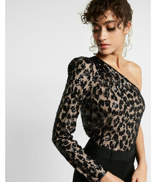 Express Petite Sequin Mesh Long Sleeve One Shoulder Blouse