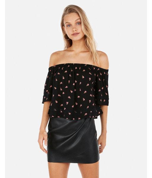 Express Womens Tulip Printed Off The Shoulder Embroidered Trim Top