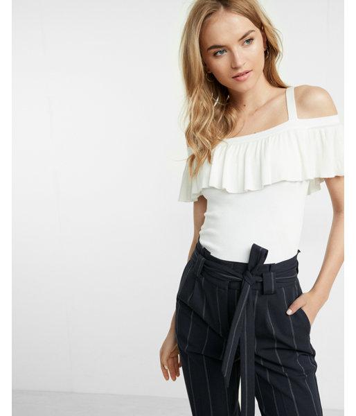 Express Fitted Ruffle Cold Shoulder Pullover