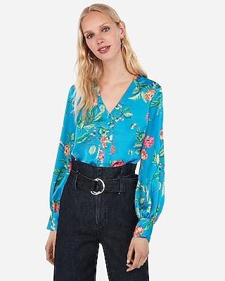 Express Womens Express Womens Satin Floral Button Front Blouson Sleeve Chelsea Popover
