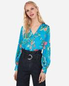 Express Womens Express Womens Satin Floral Button Front Blouson Sleeve Chelsea Popover
