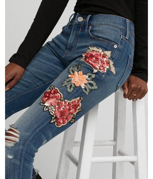 Express Womens Express Womens Petite Mid Rise Sequin Embroidered Stretch Jean
