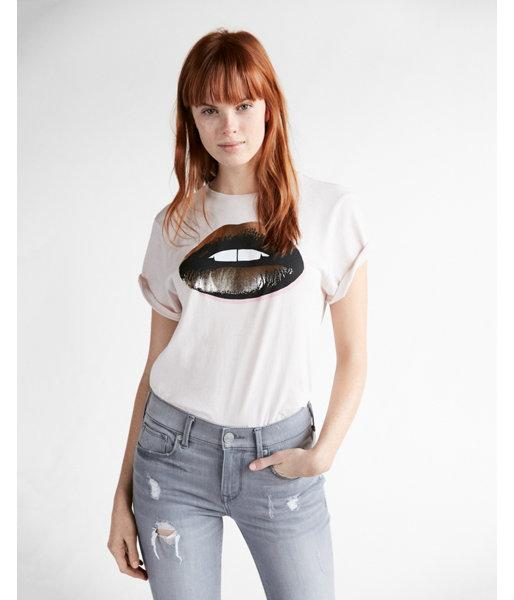 Express Womens Foil Lips Crew Neck Tee
