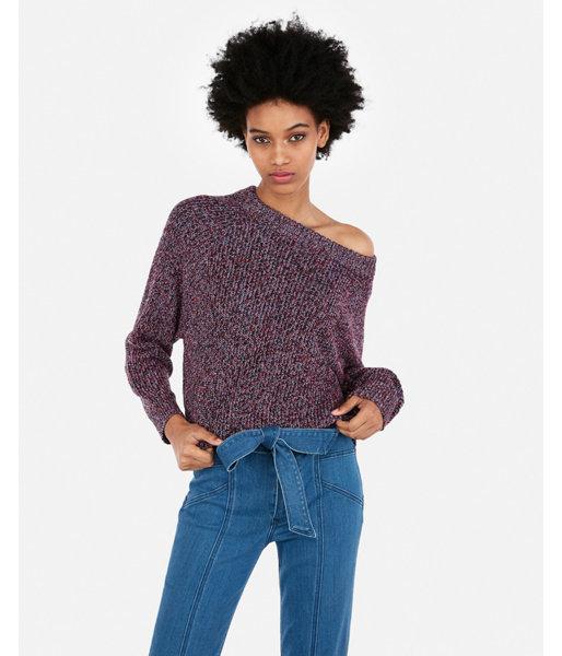 Express Womens Marled Cropped Boxy Crew Neck