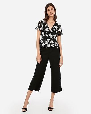 Express Womens Floral Print Surplice Tie Front Ruffle Hem Top
