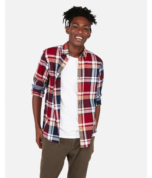 Express Mens Classic Plaid Pocket Button-down