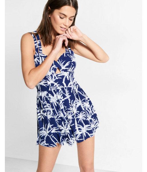 Express Womens Blue Palm Tree Print Strappy Cut-out Romper