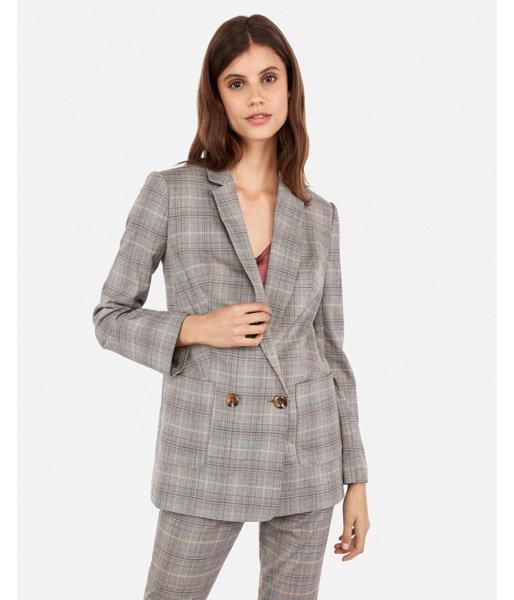 Express Womens Plaid Double Breasted Patch Pocket Boyfriend Blazer