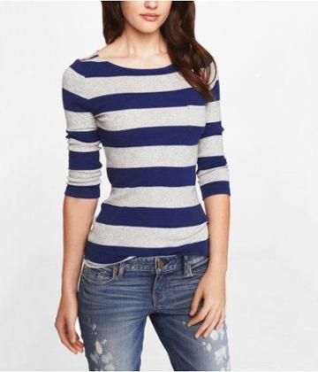 Express Womens Striped Ribbed Zip Bateau Tee