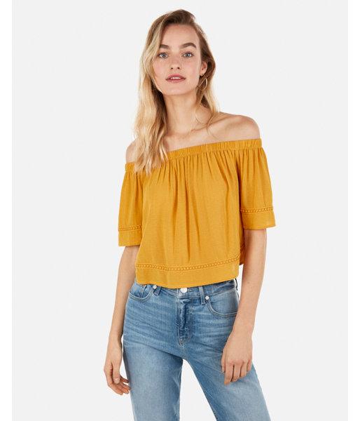 Express Womens Cropped Off The Shoulder Textured Trim Top