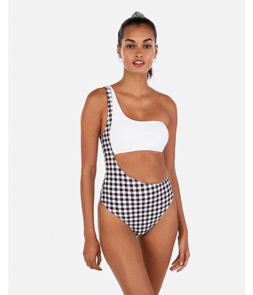 Express Womens Gingham One Shoulder Cut-out One Piece