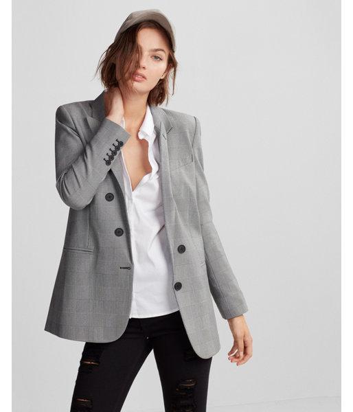 Express Womens Petite Oversized Plaid Three Button Blazer