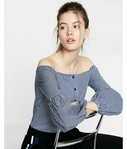 Express Striped Button Front Off The Shoulder Cotton Blouse