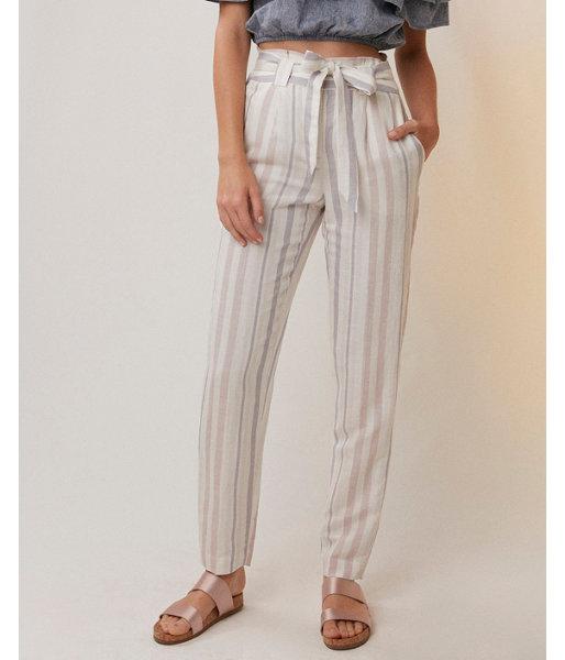 Express Womens Petite Striped Linen-blend Sash Waist Ankle Pant