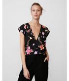 Express Womens Roll Sleeve Deep-v Neck Floral Blouse