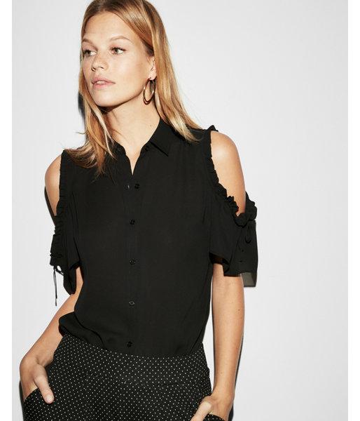 Express Womens Tie Sleeve Cold Shoulder Button-up Blouse