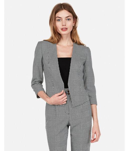 Express Womens Petite Plaid Cutaway Blazer