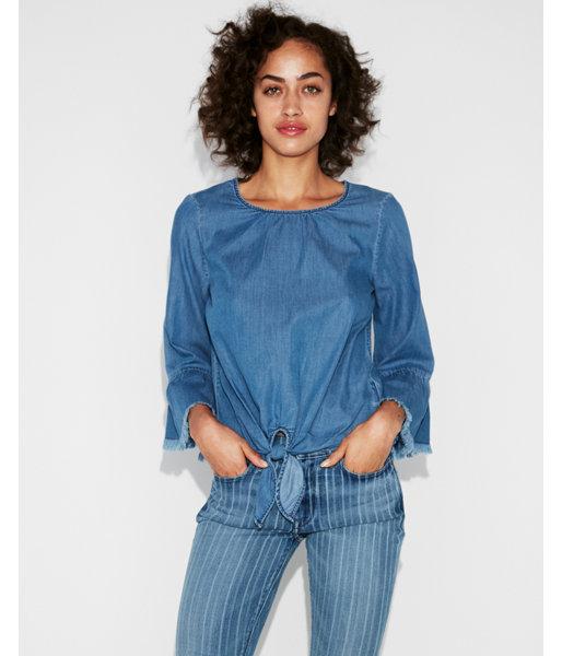 Express Womens Tie Front Flutter Sleeve Denim Blouse