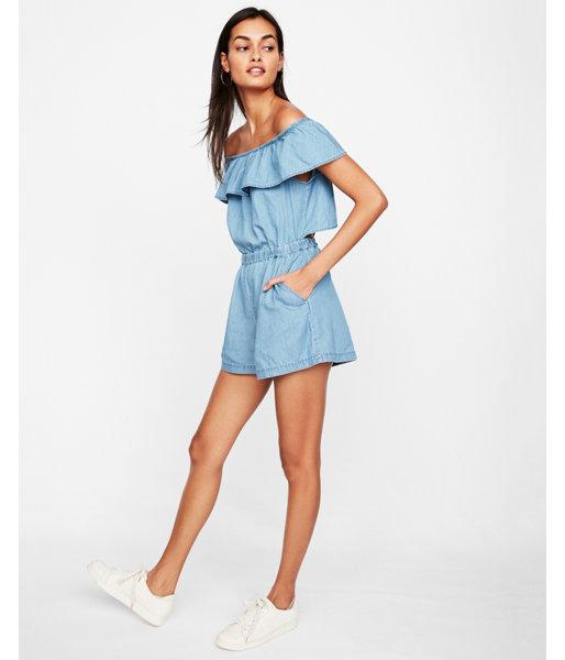 Express Womens Off The Shoulder Open Back Denim Romper
