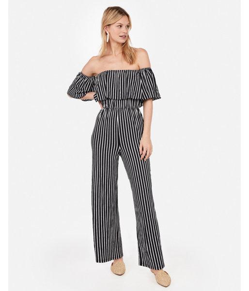 Express Womens Striped Print Off The Shoulder Flounce Jumpsuit